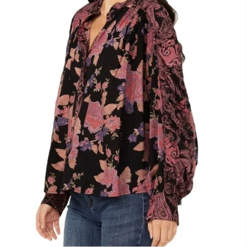 Free People Maraya Top Womens Size Large Black Combo Mixed Floral Puff Sleeves - Picture 8 of 11